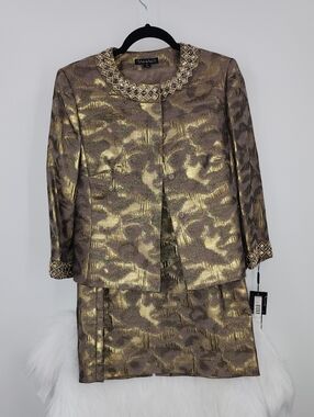 Tahari 2 Piece Skirt Suit Set Bronze/Taupe Embellished, Size 6, Arthur S Levine